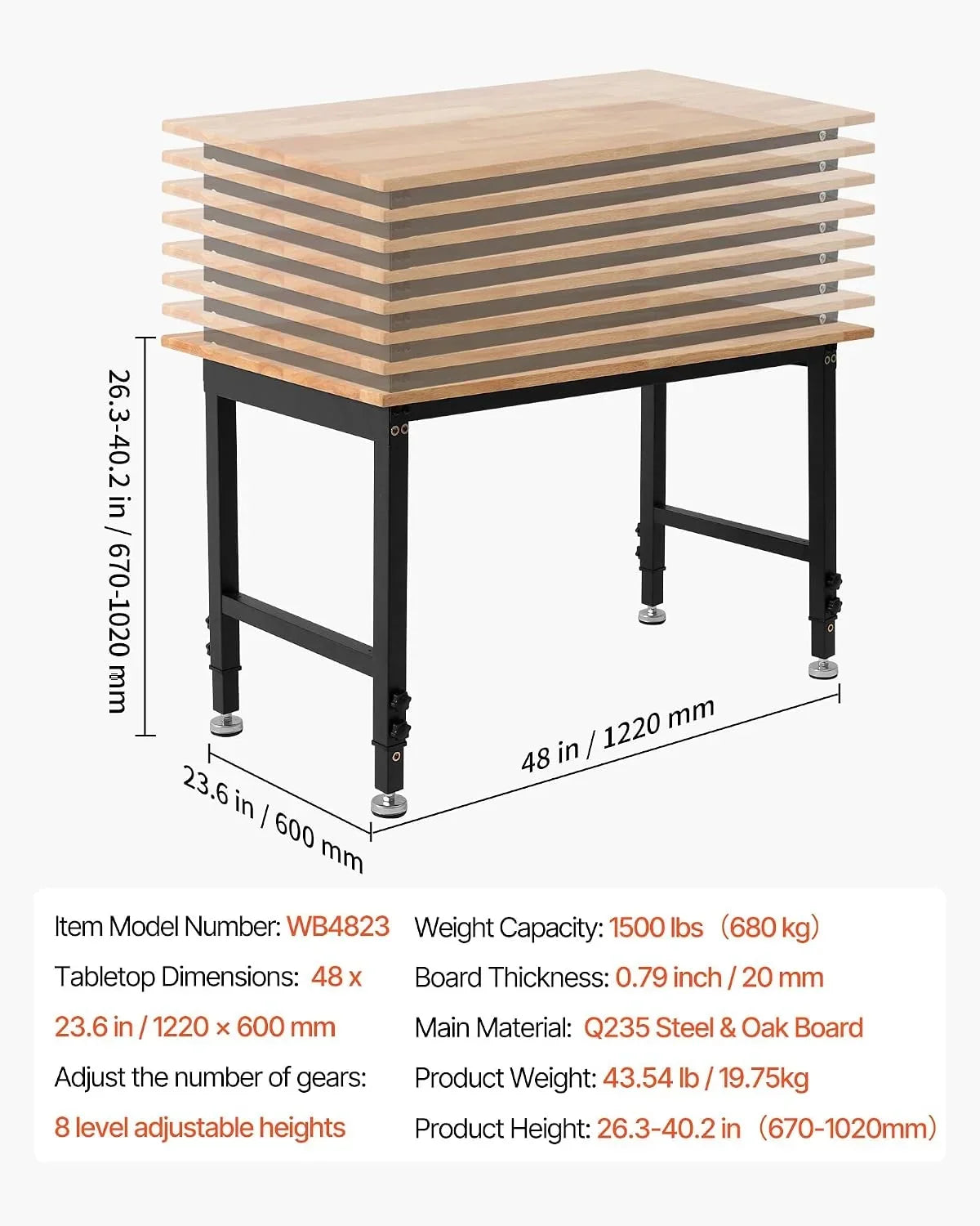VEVOR Banco de Trabajo 122 x 60 cm, Mesa de Taller Altura Ajustable de 8 Niveles de 67-102 cm, Carga de 680 kg, Mesa de Madera Grosor del Tablero de 2 cm Marco de Metal para Oficina, Garaje, Hogar
