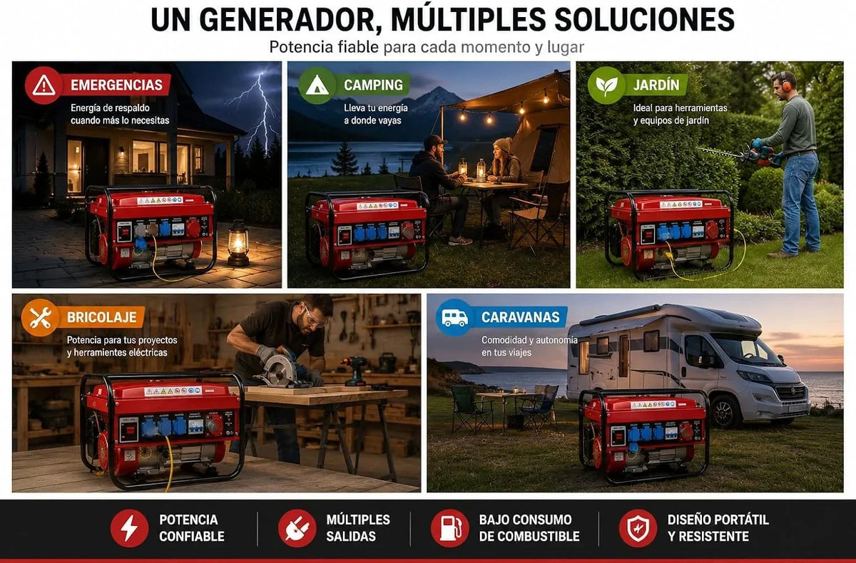 SVE Generador Eléctrico Gasolina 15L 5500W 230/380V 4 ENCHUFES (2500W Trifásico 3000W Monofásico) Motor 4 Tiempos