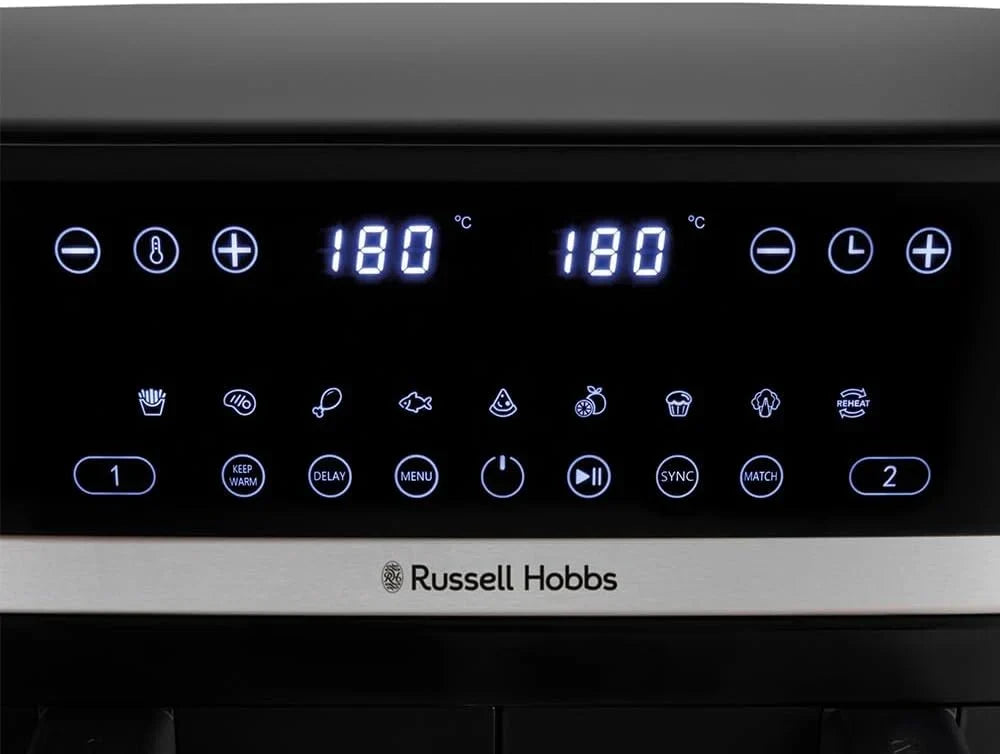 Russell Hobbs freidora de aire, freidora sin aceite, doble cesta 9 l, Air Fryer, ruido reducido, 9 programas, Rapid Air, máx. 200 °C, táctil, cestos aptos para lavavajillas, 2800 W, Satisfry 27681-56