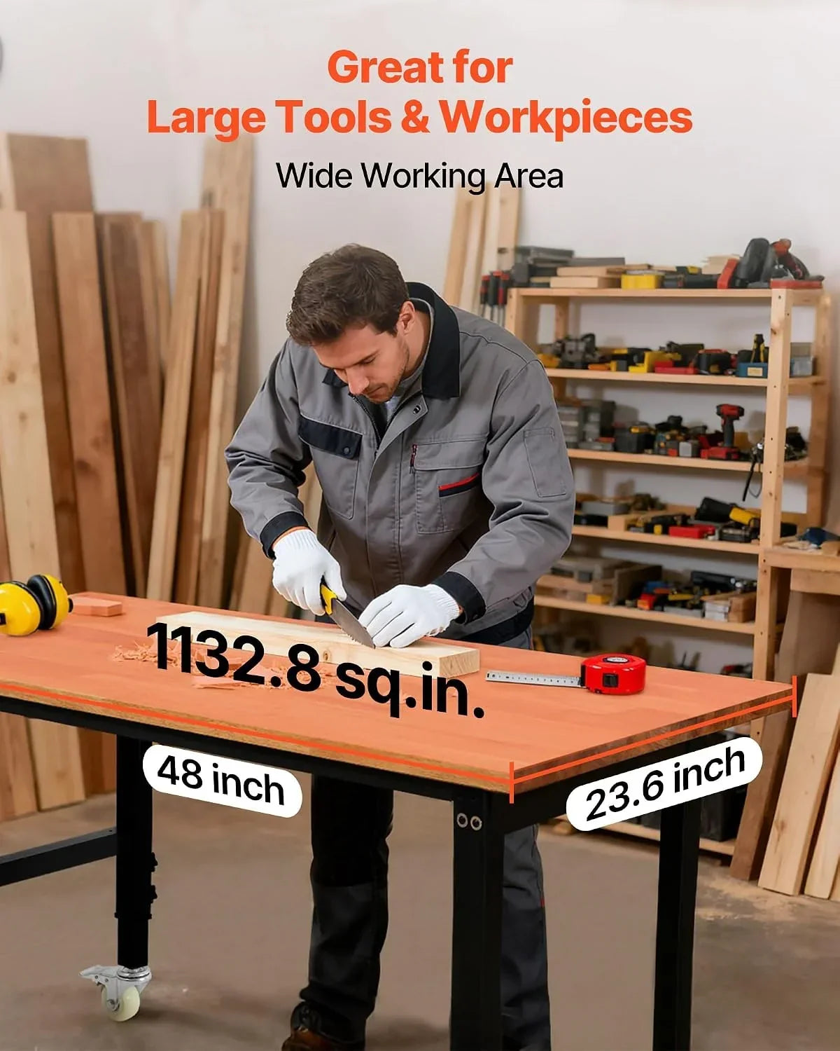 VEVOR Banco de Trabajo 122 x 60 cm, Mesa de Taller Altura Ajustable de 8 Niveles de 72,5-107,5 cm, Carga de 680 kg, Mesa de Madera Marco de Metal con Ruedas para Oficina, Garaje, Taller, Hogar