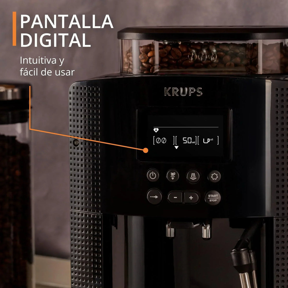 2025 Krups Essential - Cafetera súper automática, 15 Bares de presión, Molinillo cónico de Metal, con selección de cantidad e Intensidad de café, 1.7 l, 1 Cups, Acero, Pantalla LCD + Acc. Leche