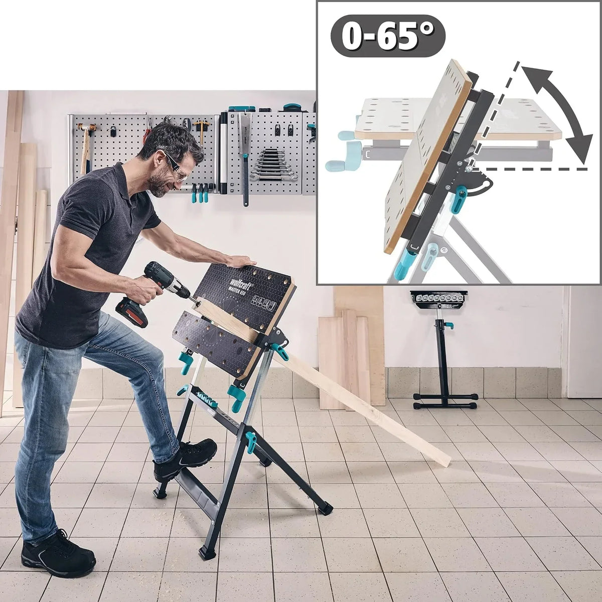 wolfcraft Mesa de Trabajo y sujeción Master 650 Ergo I 6870000 I La Mesa de sujeción de Altura Ajustable y portátil Que Permite Trabajar de Manera Flexible en Todos Tus proyectos