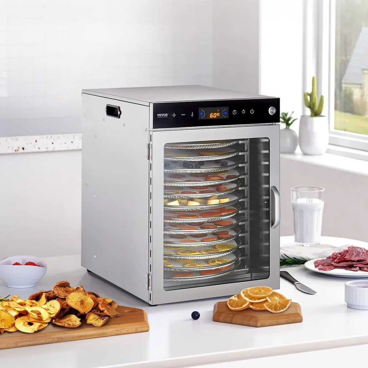VEVOR Deshidratador de Alimentos 12 Bandejas de Acero Inoxidable Secador de Alimentos Eléctrico 800 W con Temperatura Ajustable y Temporizador de 24 Horas para Cecina, Frutas, Verduras, Hierbas