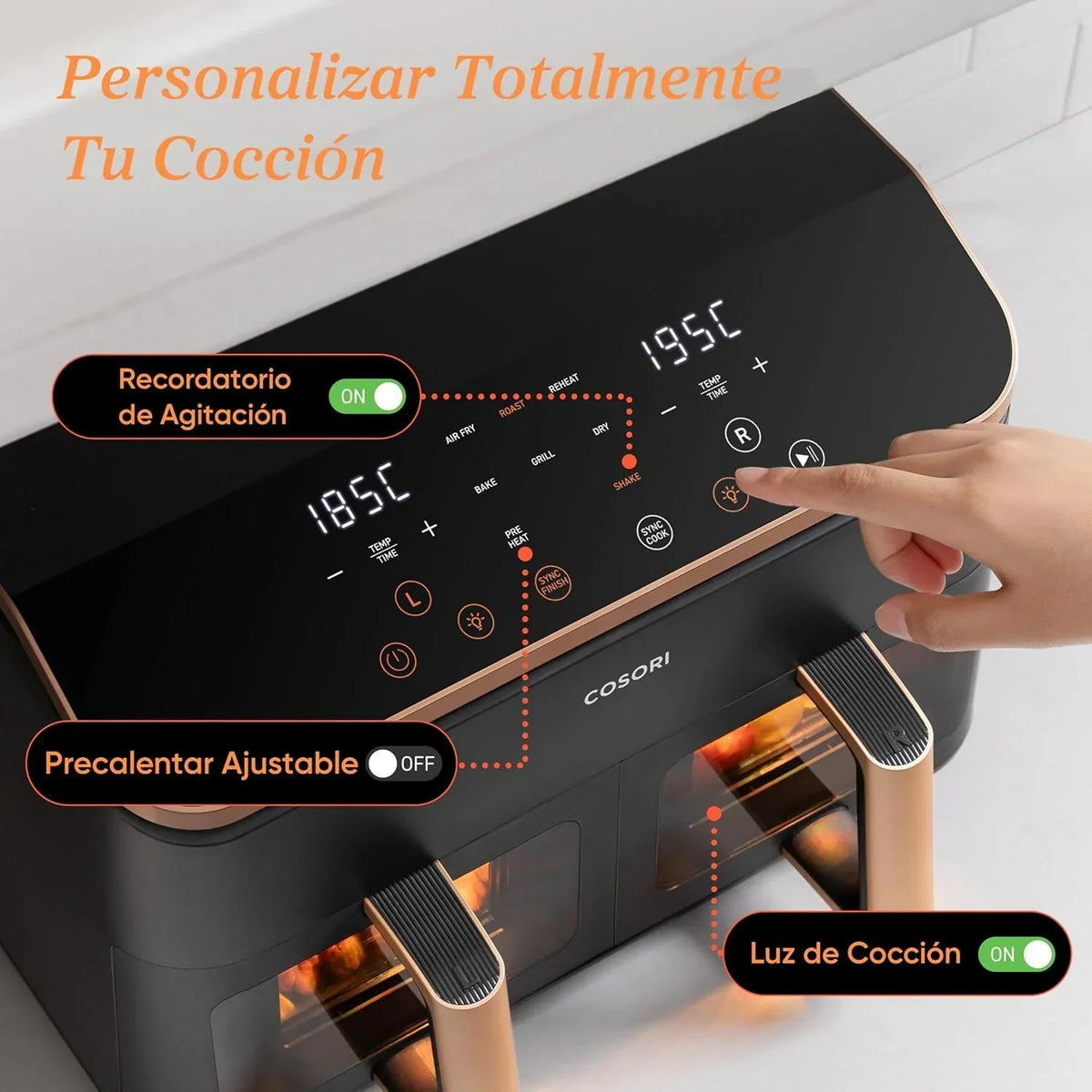 Cosori Freidora de Aire 8,5L, Doble Cesta con Ventana, 10 Funciones, Oro