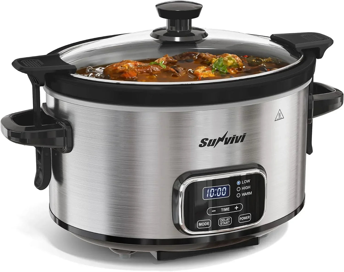 Olla de cocción lenta programable de 4 cuartos de galón, con tapa de bloqueo, calentador de alimentos con 3 modos de calentamiento y temporizador, olla de cerámica extraíble y tapa de vidrio, acero