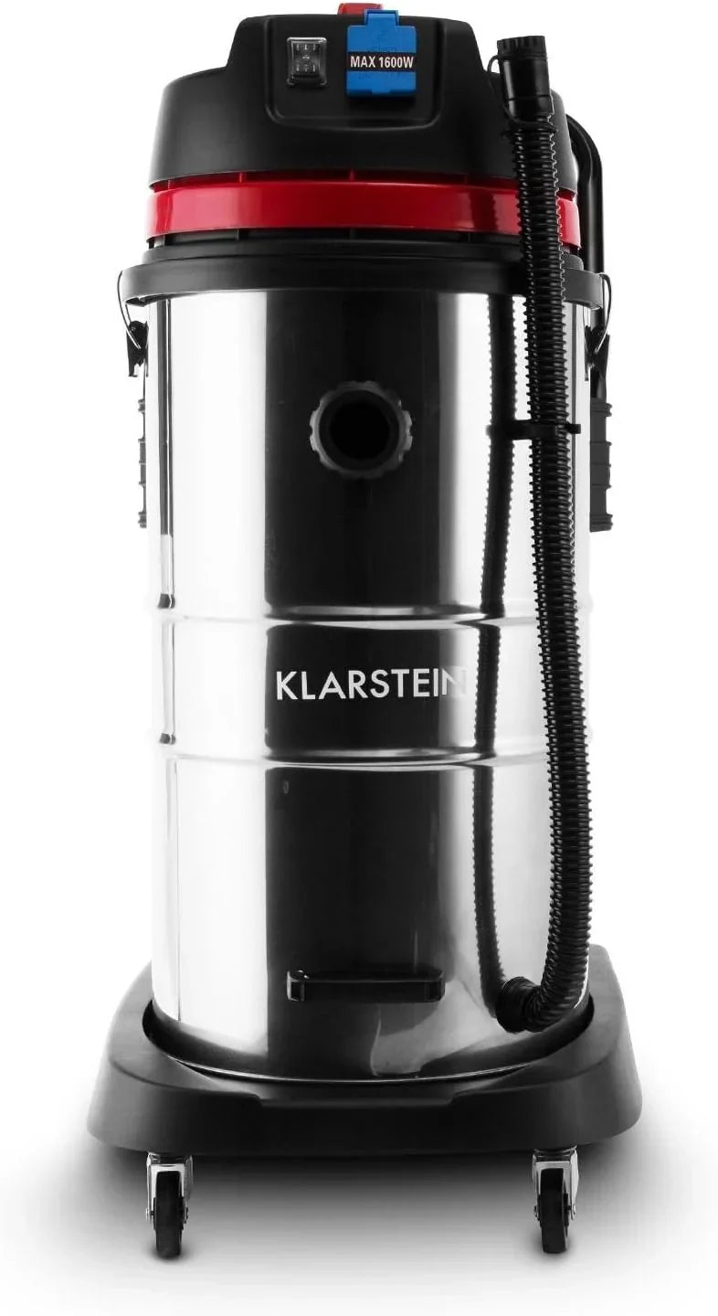 KLARSTEIN Reinraum Aspirador Industrial húmedo/seco, 60 litros, 2000 W, desconexión de protección, Filtro HEPA, Enchufe Integrado, depósito de Acero Inoxidable, IP44, Plata-Rojo