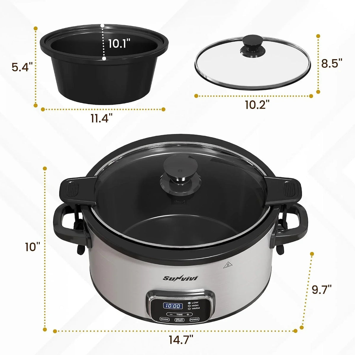 Olla de cocción lenta programable de 4 cuartos de galón, con tapa de bloqueo, calentador de alimentos con 3 modos de calentamiento y temporizador, olla de cerámica extraíble y tapa de vidrio, acero