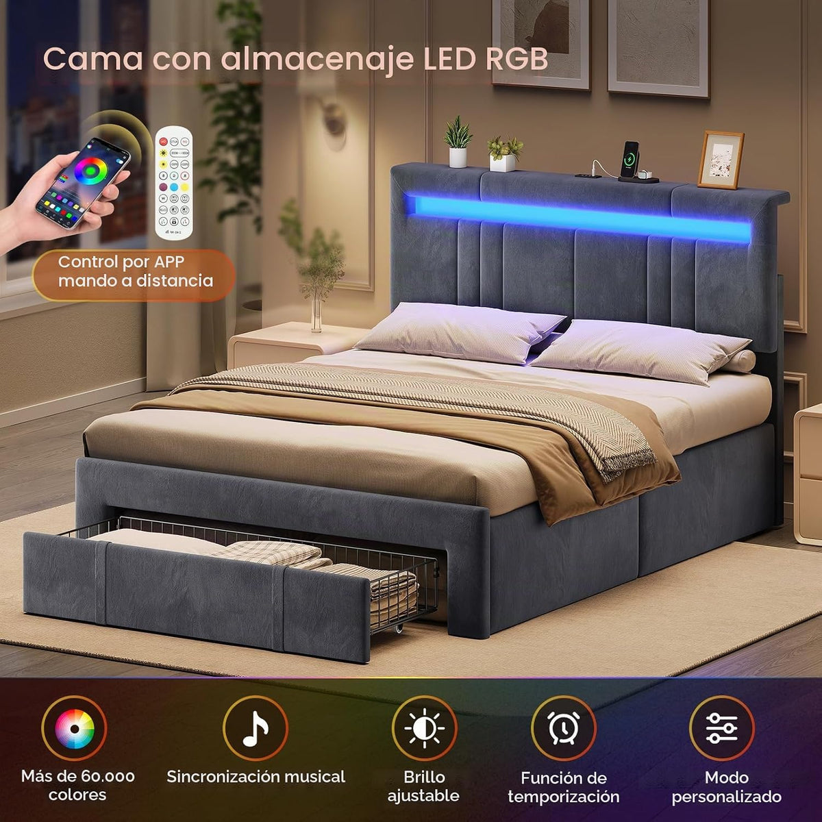 AGOLLATI Double Beds 140 x 200 cm with Hydraulic Storage, Upholstered Bed Frame with LED Youth Bed Canape with Charging Station Bed with Adjustable Headboard and Drawers Bed Frame Velvet