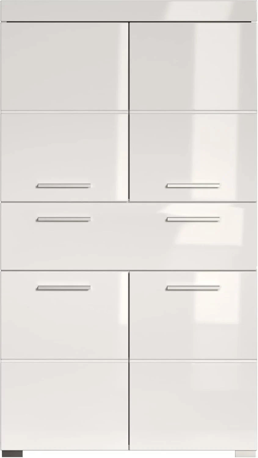 trendteam smart living Armario Alto para baño Amanda, 73 x 132 x 31 cm, en Blanco y Blanco de Brillo Intenso con cajón y abundante Espacio de Almacenamiento