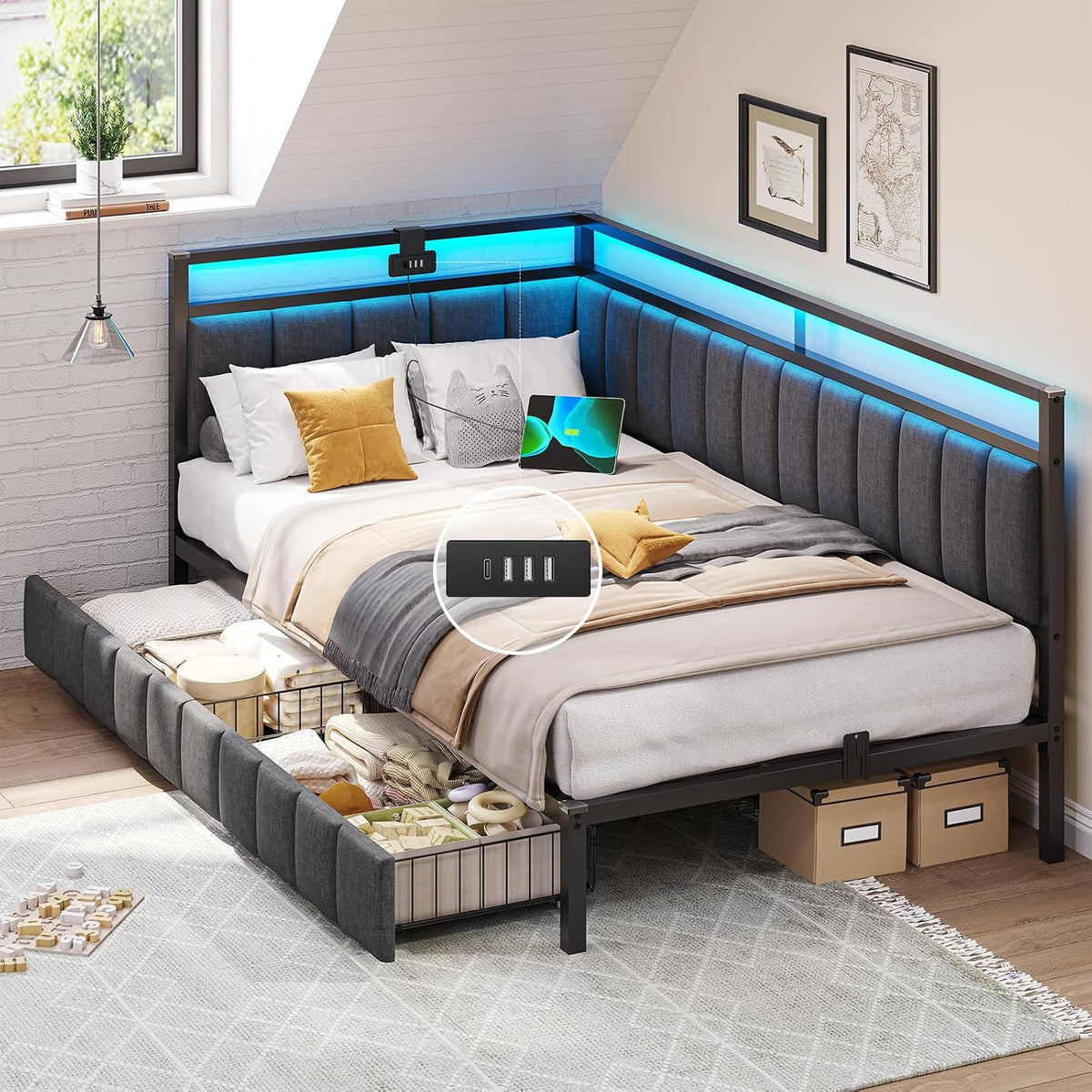DICTAC Upholstered Bed Sofa Bed 90 x 190 cm with LED Lighting and USB Socket, Youth Beds with 2 Storage Drawers, Bed Frame 90 x 190 cm with Metal Slatted Base, Dark Grey