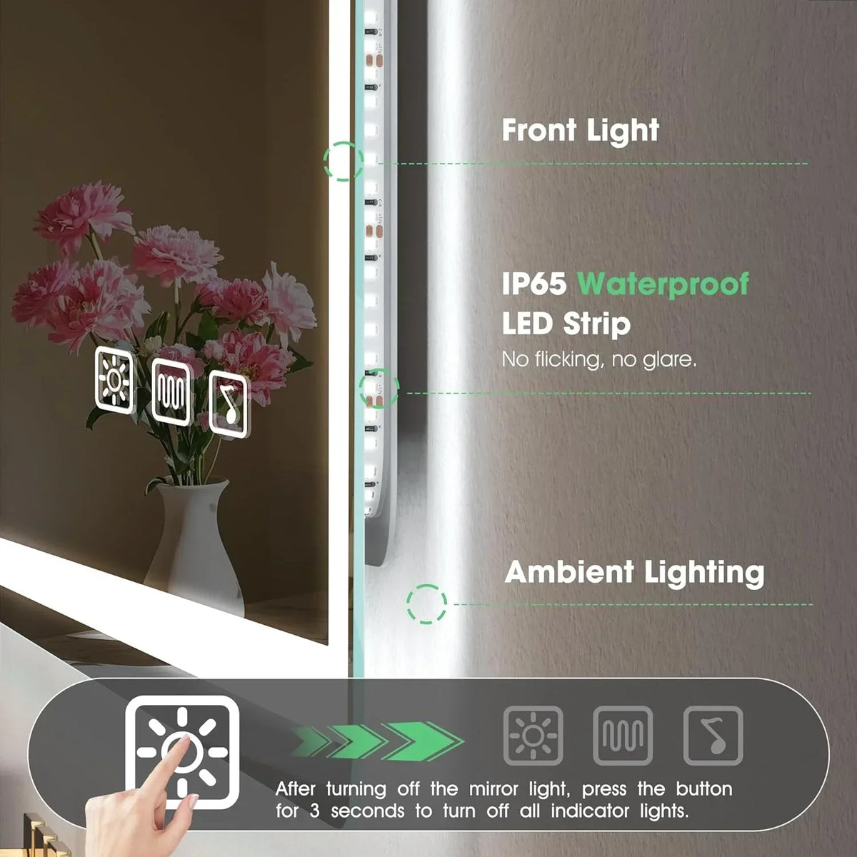 S'bagno Espejo-Baño-con-Luz 120x70cm, Espejo-Baño-LED-Bluetooth con Función Antivaho, 3000K/4000K/6500K, Regulable, Memoria, Cristal Templado HD, IP44-Espejos-de-Baño-con-LED, Horizontal/Vertical