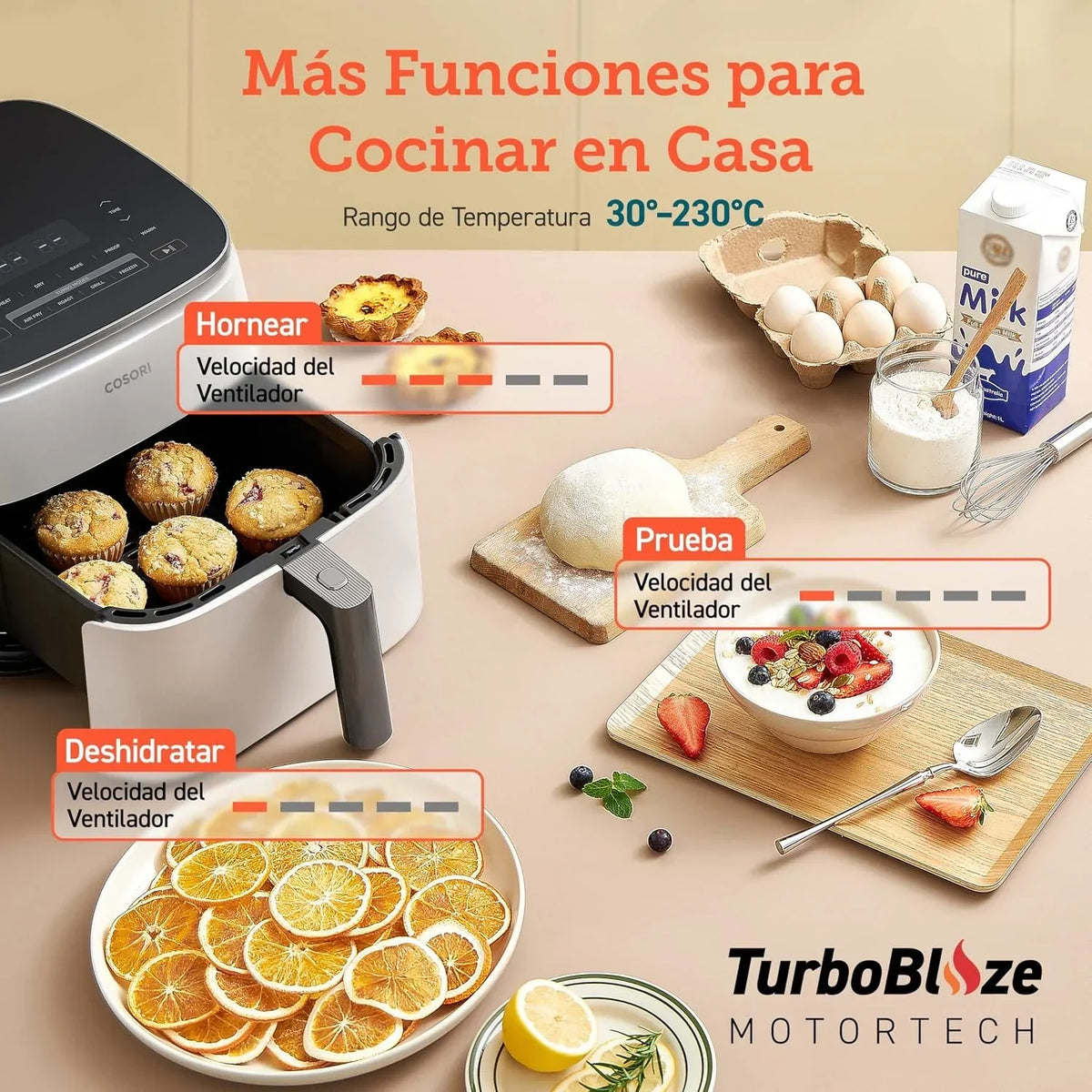 Cosori Freidora de Aire Turbo Blaze 6L, 9en1, Ultrarrápida, 95%Menos Aceite