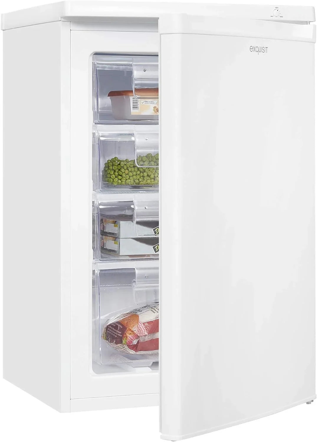 Exquisit® Congelador Table Top 91L, Color Blanco, Clase E, Congelador 4 Estrellas, 4 Cajones Transparentes, Puerta Reversible, Control de Temperatura, Medidas (85,5 x 55,0 x 58,0 cm)