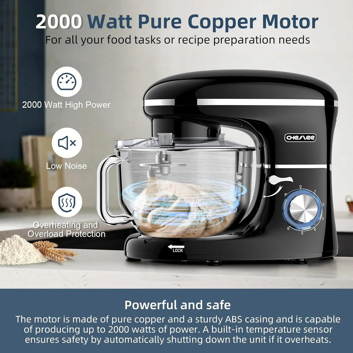 CHeflee Batidora Amasadora Profesional,2000W Amasadora Pan Repostería,6.2 L Bajo Ruido Robot de Cocina Multifunción,Gancho para Masa,Batidor Plano,Protección para Salpicaduras 6 Velocidades Batidora