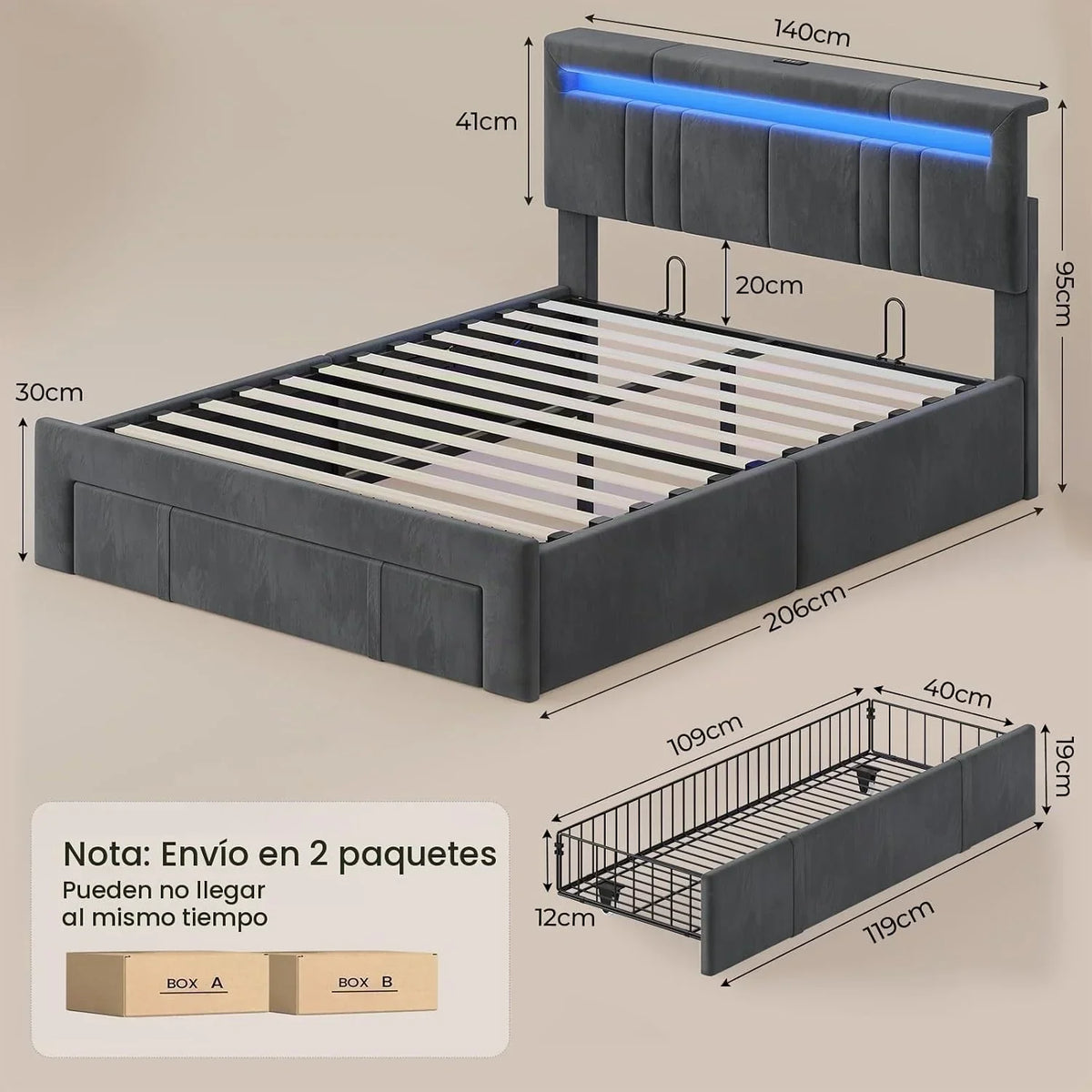 AGOLLATI Double Beds 140 x 200 cm with Hydraulic Storage, Upholstered Bed Frame with LED Youth Bed Canape with Charging Station Bed with Adjustable Headboard and Drawers Bed Frame Velvet