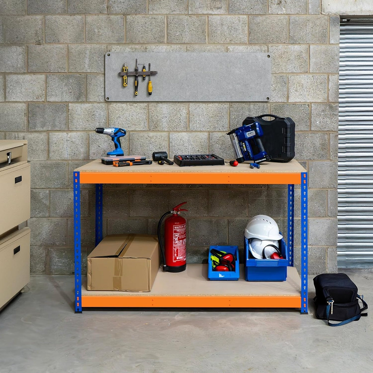 Banco de Trabajo p/Garaje S-Rax 2 Niveles | 180cm x 45cm x 90cm | Capacidad por Nivel 300kg | Montaje Sin Tornillos | 3 Barras de Soporte Reforzadas | Patas de Goma | Mesa para taller almacén depósito