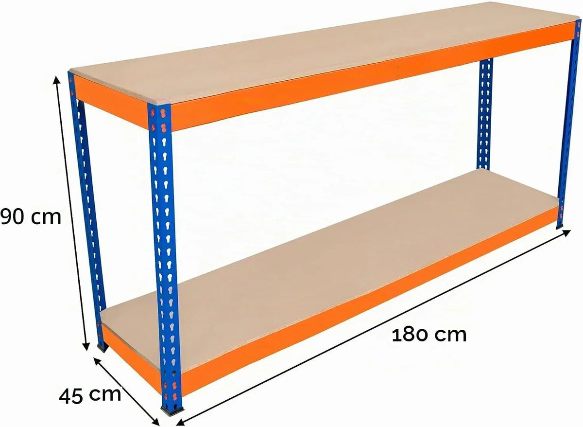 Banco de Trabajo p/Garaje S-Rax 2 Niveles | 180cm x 45cm x 90cm | Capacidad por Nivel 300kg | Montaje Sin Tornillos | 3 Barras de Soporte Reforzadas | Patas de Goma | Mesa para taller almacén depósito