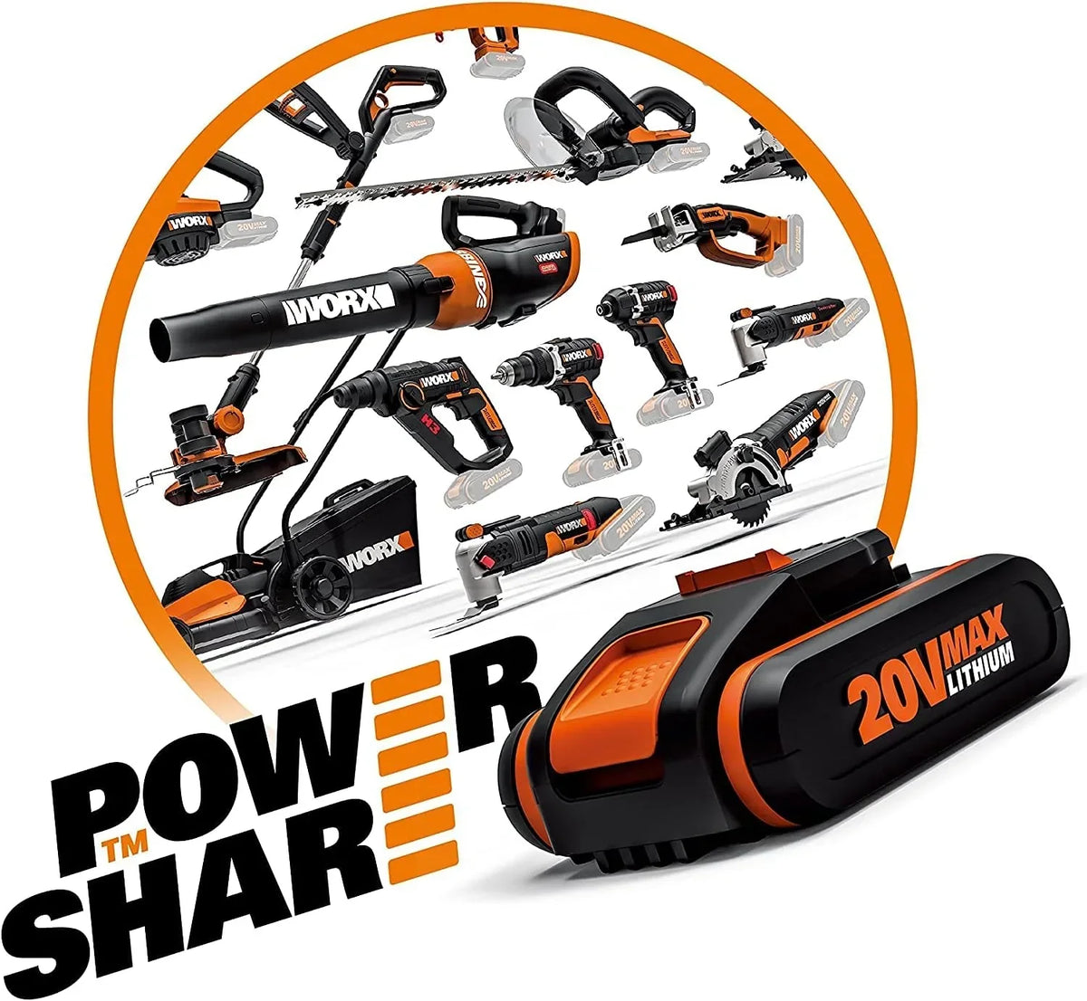 WORX WX500 Sierra de sable 20V PowerShare, Batería 2Ah, Control de velocidad variable, Cambio de cuchillas sin herramientas, Patín pivotante ajustable