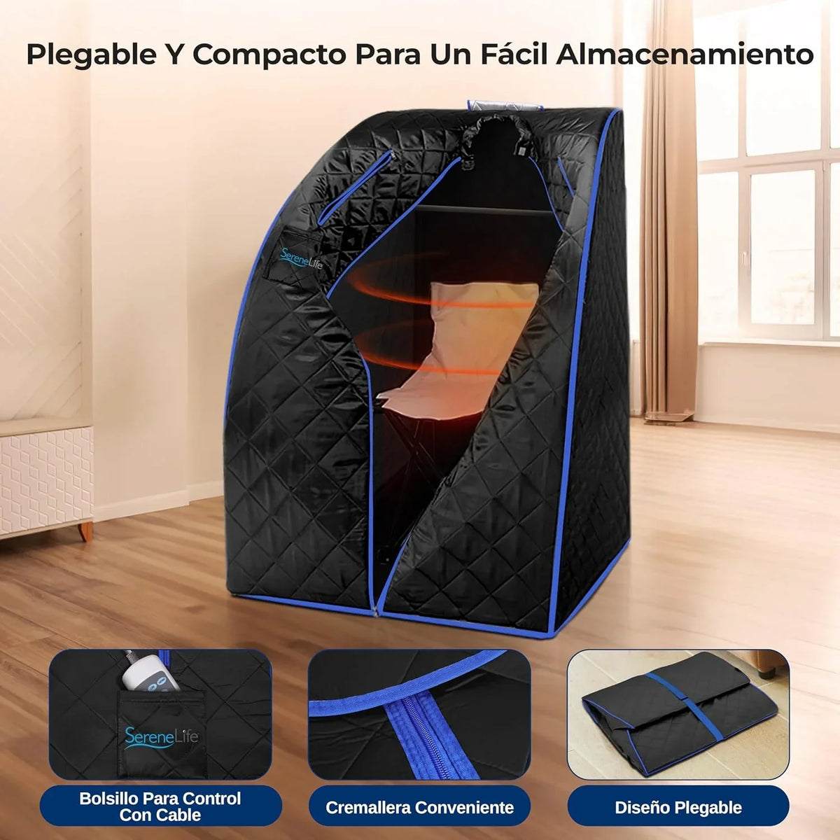 SereneLife sauna portátil, Infrarrojo, Para el hogar, Individual, Con almohadilla calefactora para los pies, Silla plegable