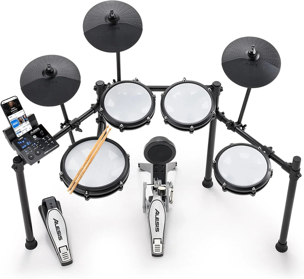 Alesis Nitro Max Kit Batería Electrónica con Parches Silenciosos de Malla, Caja de Doble Zona de 10", Bluetooth, 440+ Sonidos Auténticos, Lecciones Drumeo, USB MIDI, Pedal de Bombo