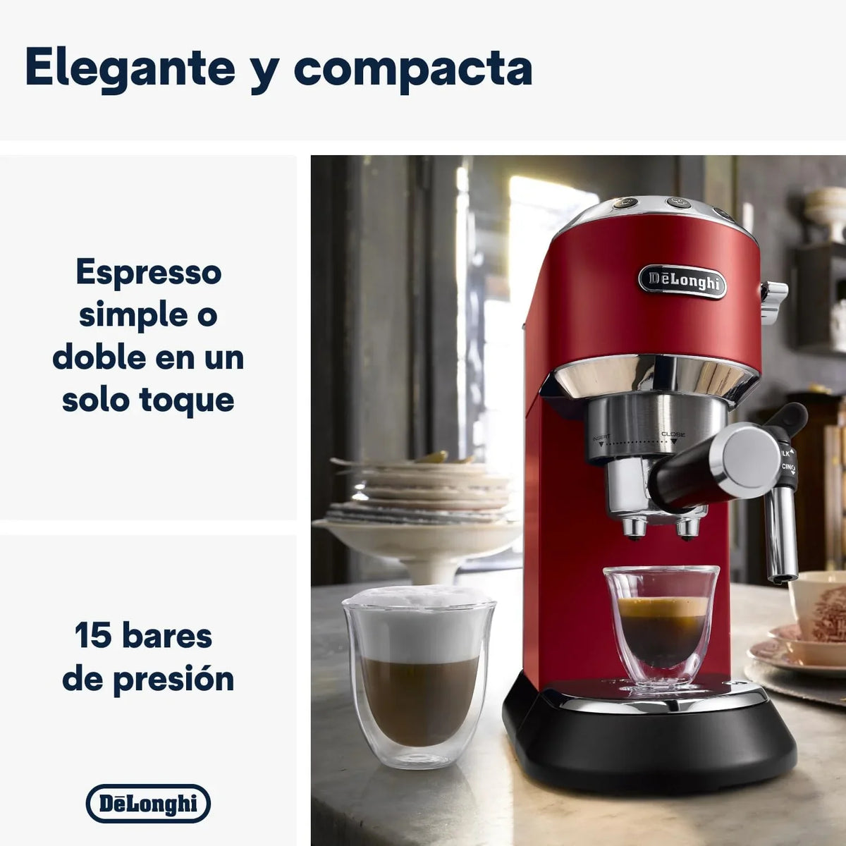 De'Longhi Dedica – Cafetera de Bomba de Acero Inoxidable para Café Molido o Monodosis, Espresso y Capuchino, Depósito de 1.3 Litros, Sistema Antigoteo, Modelo EC685.M, Color Metal