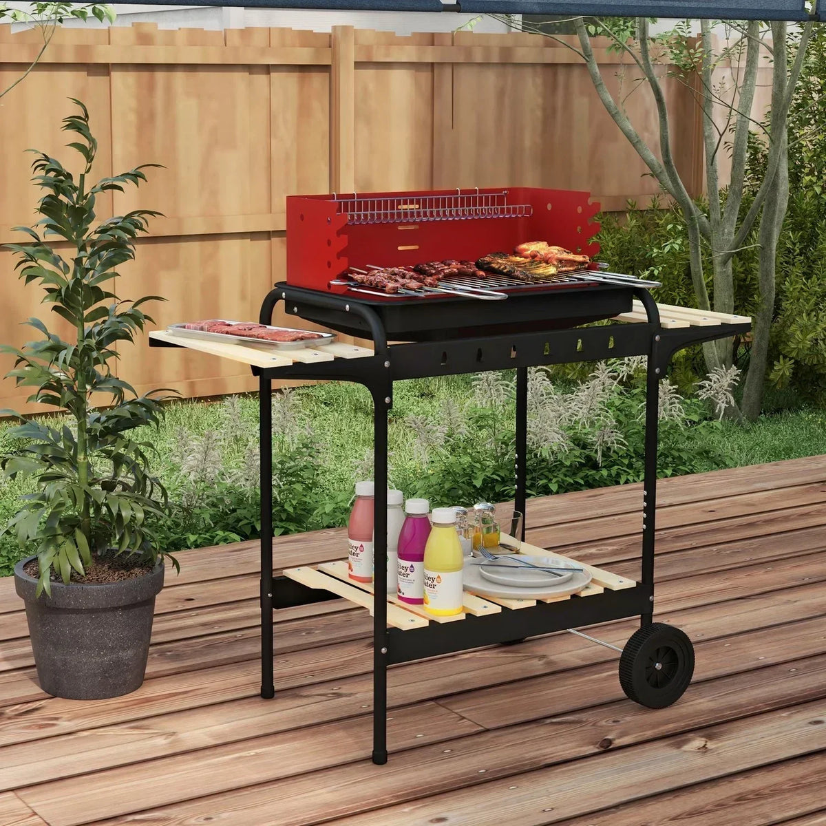 Barbacoa De Carbón Outsunny Metal Pino, 103x47x95 Cm, Rojo Y Negro