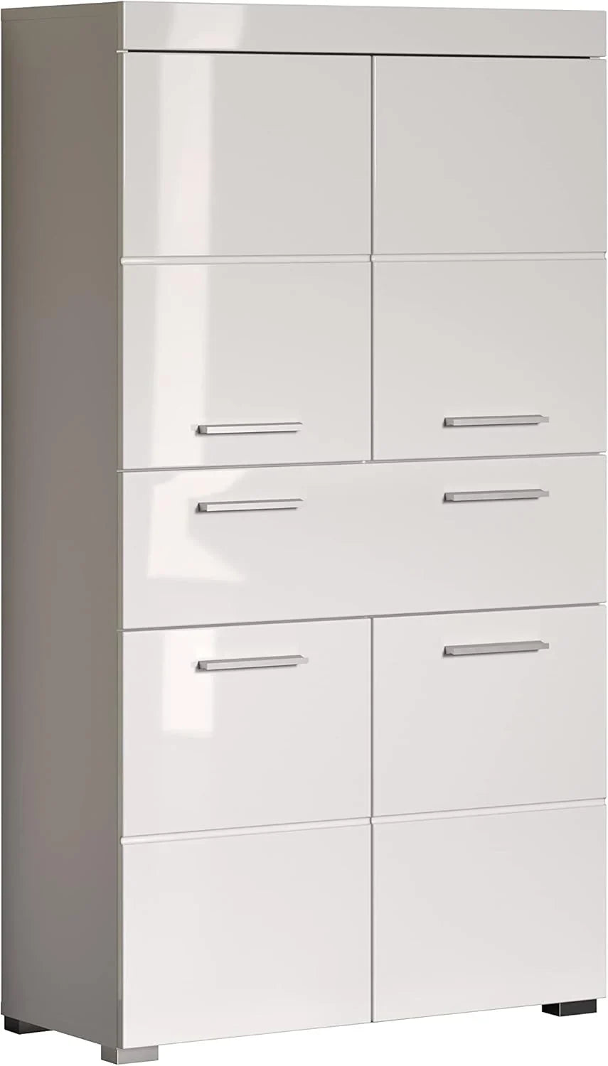 trendteam smart living Armario Alto para baño Amanda, 73 x 132 x 31 cm, en Blanco y Blanco de Brillo Intenso con cajón y abundante Espacio de Almacenamiento