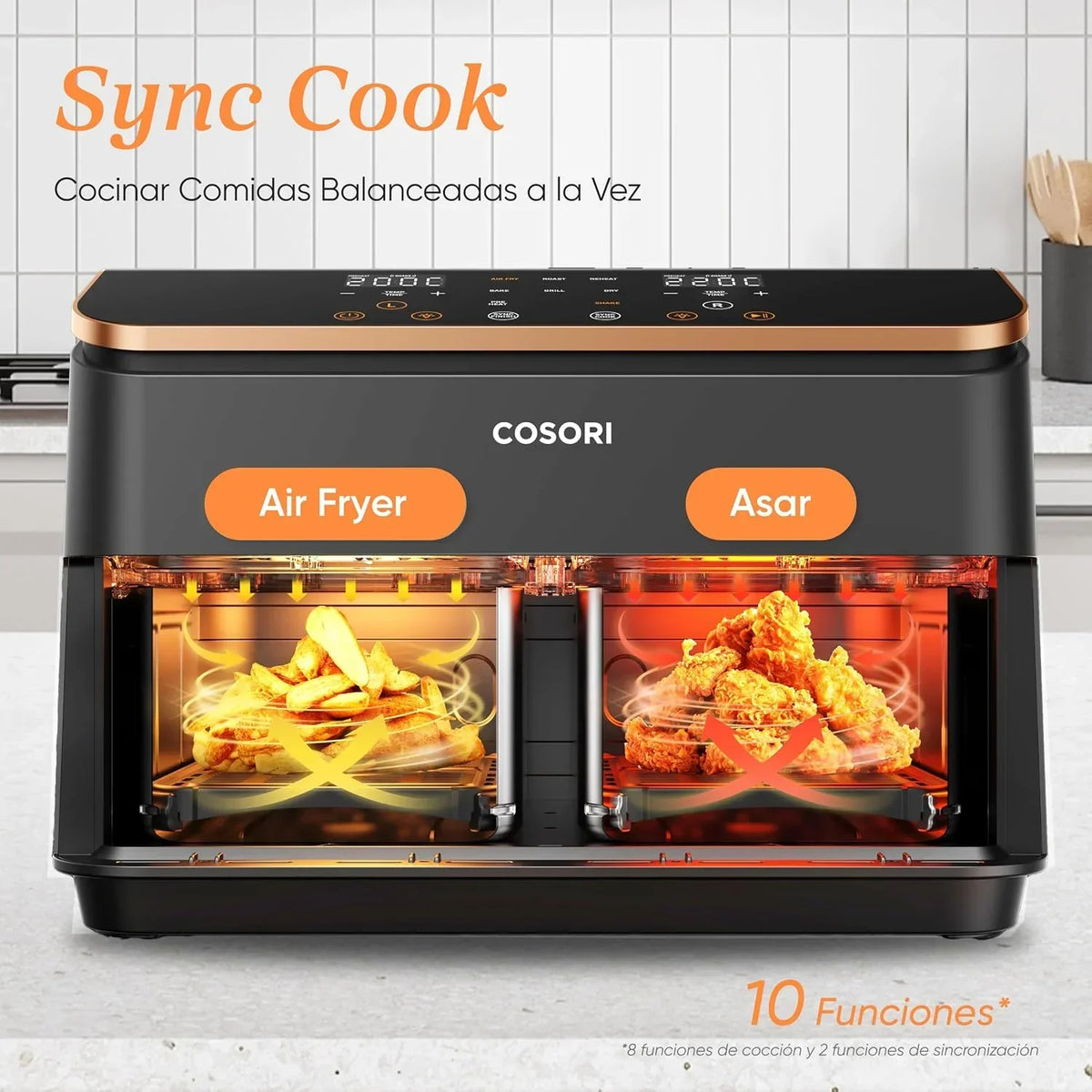 Cosori Freidora de Aire 8,5L, Doble Cesta con Ventana, 10 Funciones, Oro