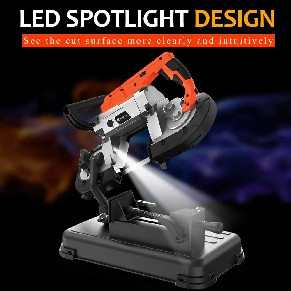 Anbull Sierra de cinta de metal con foco LED, 1100 W/230 V, ajustable 0 – 45 °, sierra de cinta con base extraíble, banco de trabajo de acero aleado