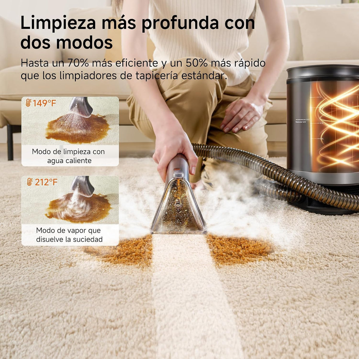 Uwant Limpiador de Tapicerías con Sistema de Vapor y Agua Caliente, 18kPa de Potente Succión, Limpiador Portátil con 4 Herramientas de Limpieza y Solución Incluida, para Sofás set of 1