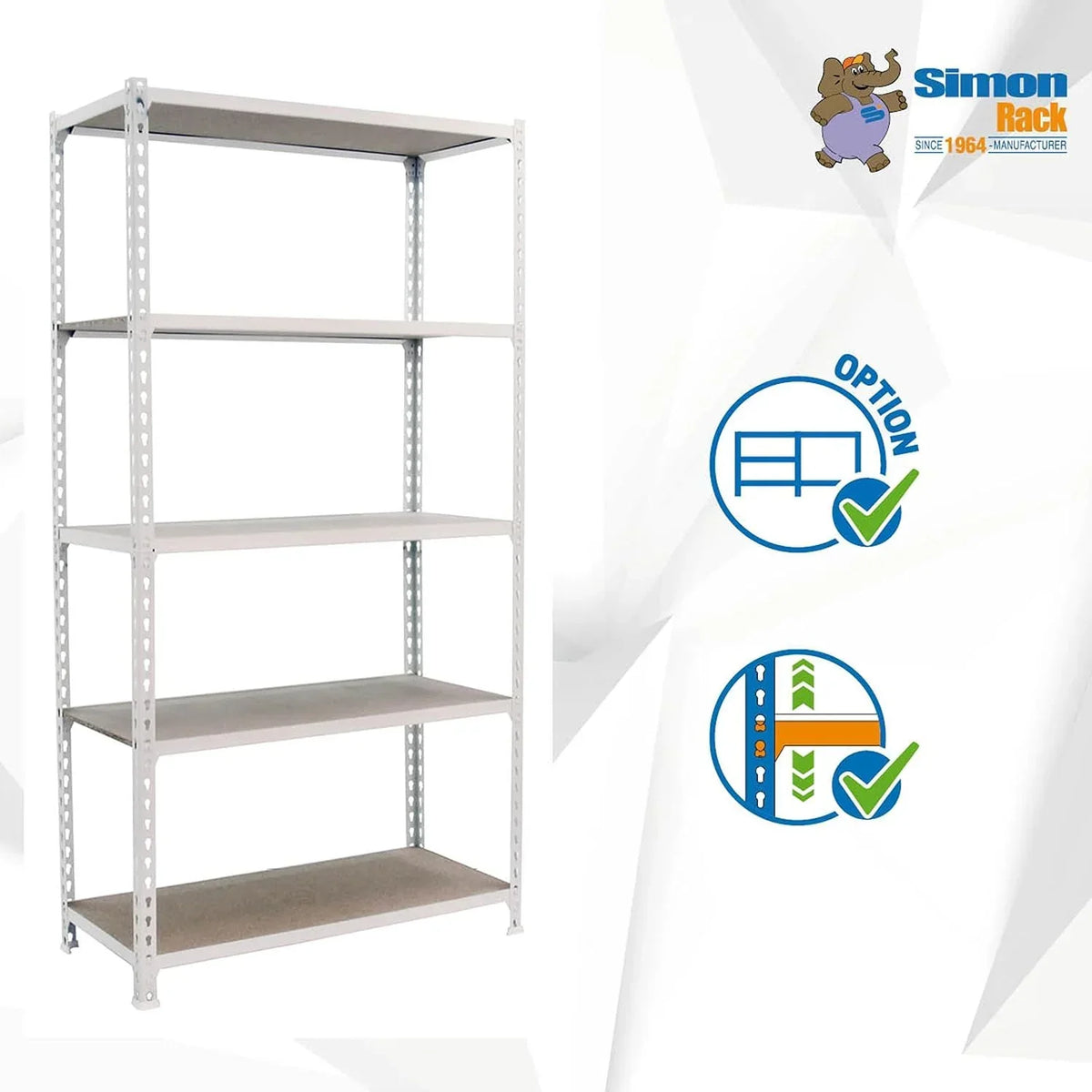 SimonRack Estanteria Metalica, 5 Baldas Madera Ajustables, 200 kg de Punto Flexión, 2000x1200x500 mm, Estantería Almacenaje, Sin tornillos, Blanco/Madera - Maderclick