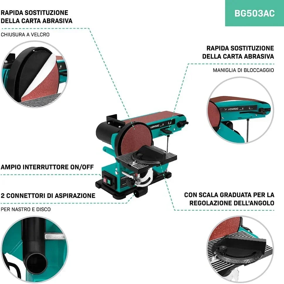 VONROC Lijadora de banda y disco de 350 W – Contiene 2 bandas de lijado de 100 x 915 mm (P80 y P120) y 2 discos de lijado de 150 mm de diámetro (P80 y P120)