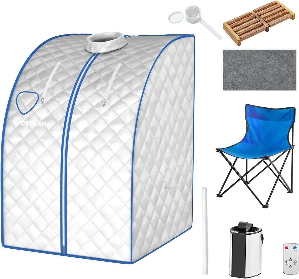 GOPLUS 1000W Sauna de Vapor 3L hasta 64℃, Caja de Sauna Plegable con Silla, Carpa de Sauna con Temperatura Ajustable, Cabina de Sauna Portátil con Ajuste de Temporizador, Plateado