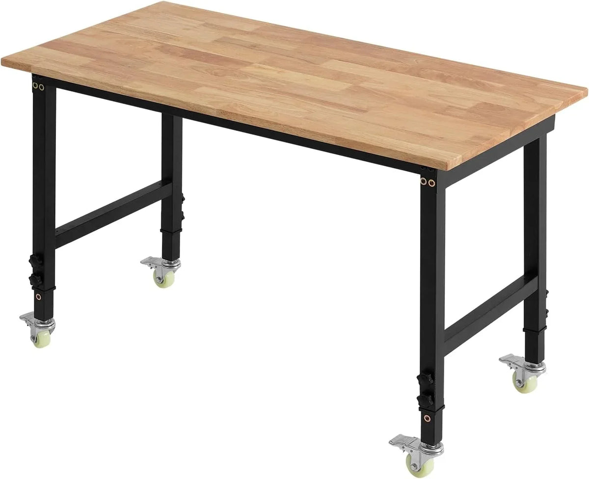 VEVOR Banco de Trabajo 122 x 60 cm, Mesa de Taller Altura Ajustable de 8 Niveles de 72,5-107,5 cm, Carga de 680 kg, Mesa de Madera Marco de Metal con Ruedas para Oficina, Garaje, Taller, Hogar