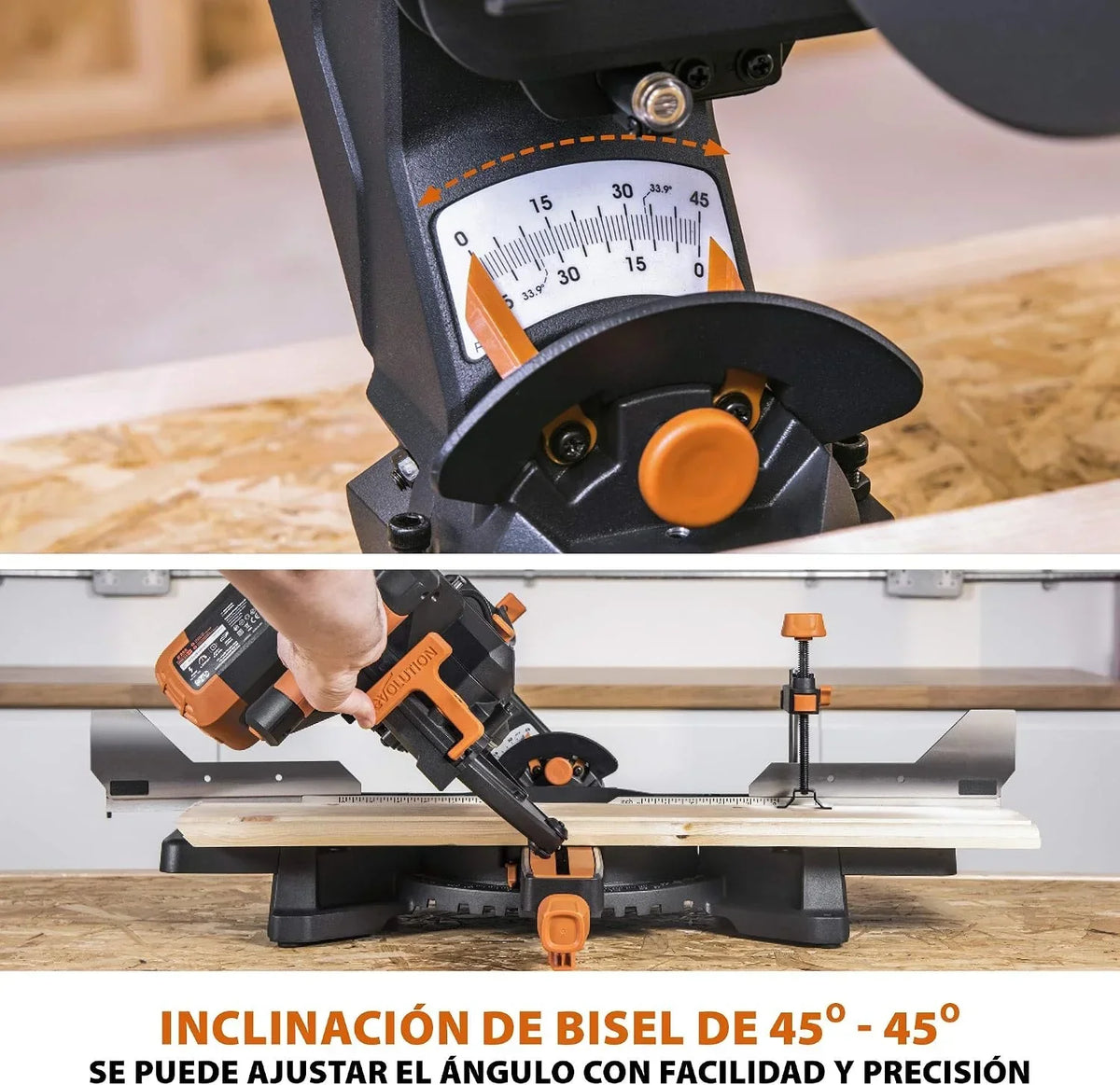 Evolution Power Tools R255SMS-DB ingletadora, Sierra ingletadora deslizante multimaterial de 255 mm, con doble bisel y paquete plus, hasta 300 mm x 90 mm, 5° a izquierda y derecha, inglete de 50°