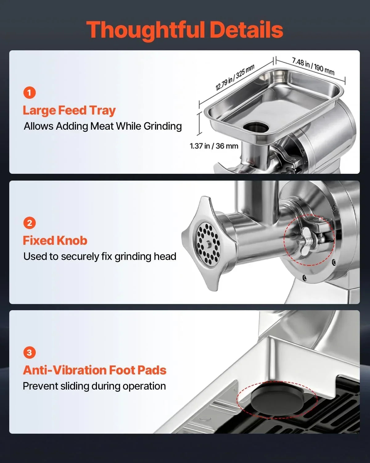 VEVOR Picadora de Carne 750W 1 HP, Picadora de Carne Eléctrica 4,2 kg/min, de Acero Inoxidable, con 2 Placas, 3 Tubos de Embutir Salchichas, para Cocinas Domésticas, Restaurantes, Carnicerías
