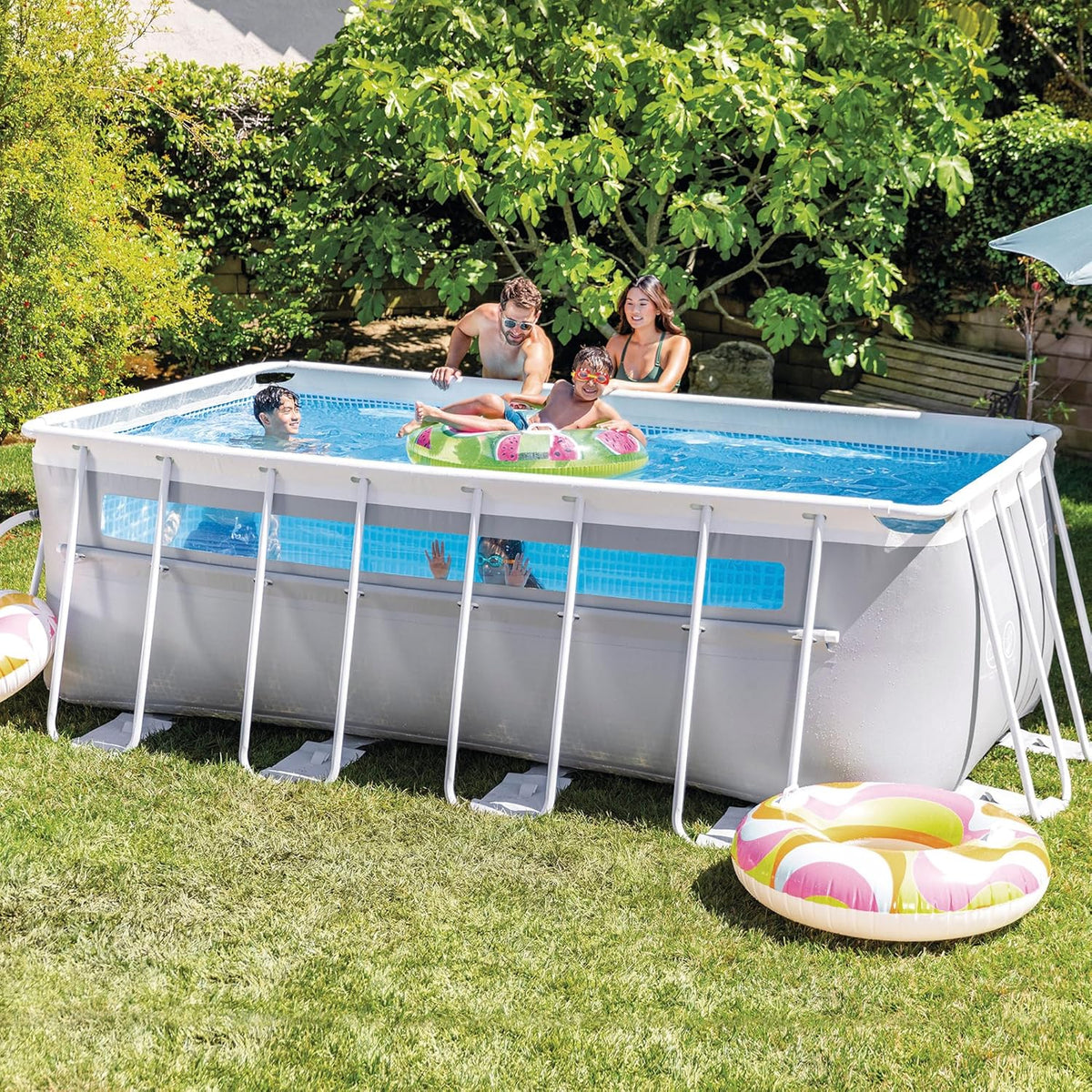Intex Piscina Desmontable Rectangular Prism Frame, 400x200x122 cm, Material Triple Capa, Capacidad 8.418 L, Ventana panorámica, Tapiz, Cobertor, Depuradora de Cartucho, Escalera (56029)