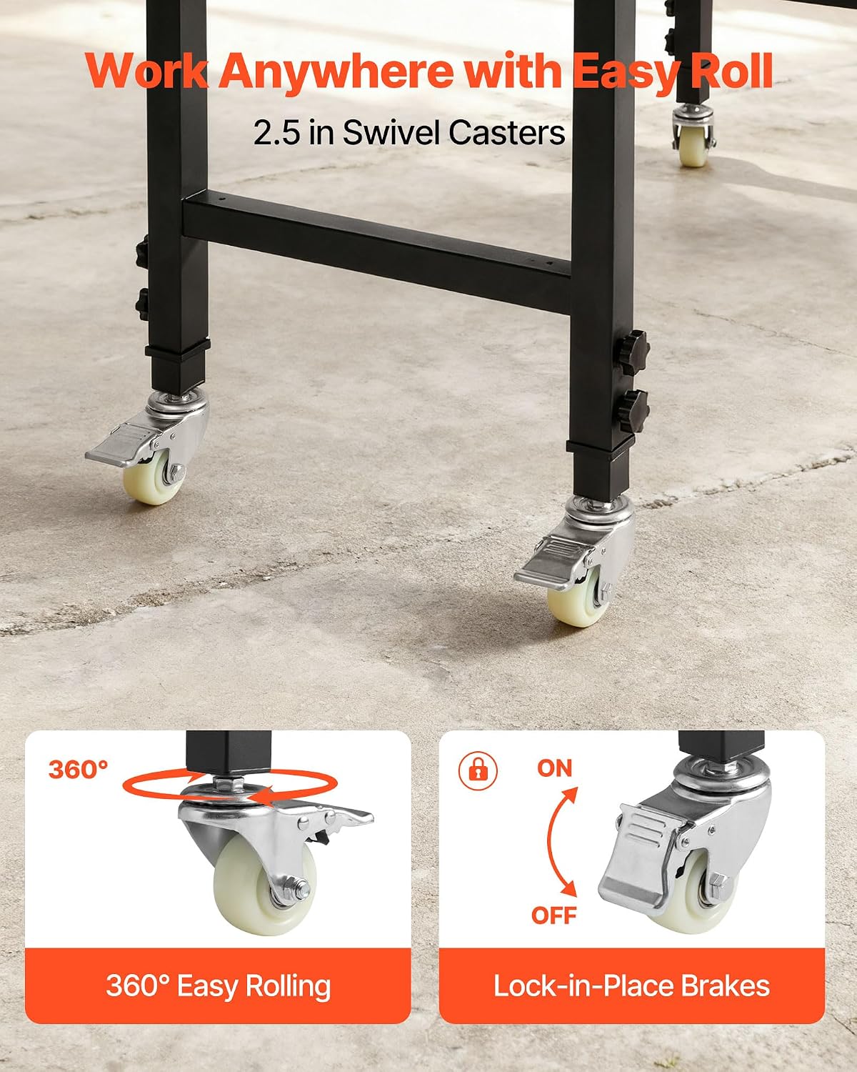 VEVOR Banco de Trabajo 122 x 60 cm, Mesa de Taller Altura Ajustable de 8 Niveles de 72,5-107,5 cm, Carga de 680 kg, Mesa de Madera Marco de Metal con Ruedas para Oficina, Garaje, Taller, Hogar