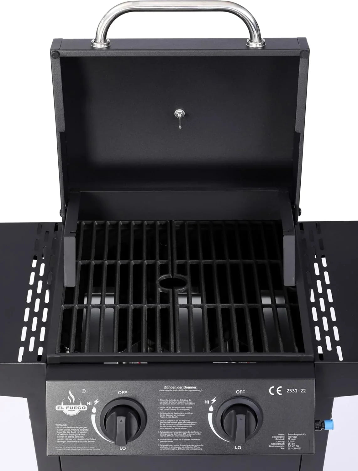 Grill gazowy "San Jose 2 palniki" firmy El Fuego®, w zestawie wąż gazowy i reduktor ciśnienia, ruszt do grillowania z żeliwa, z termometrem i dużymi półkami bocznymi, grill BBQ | AY0204