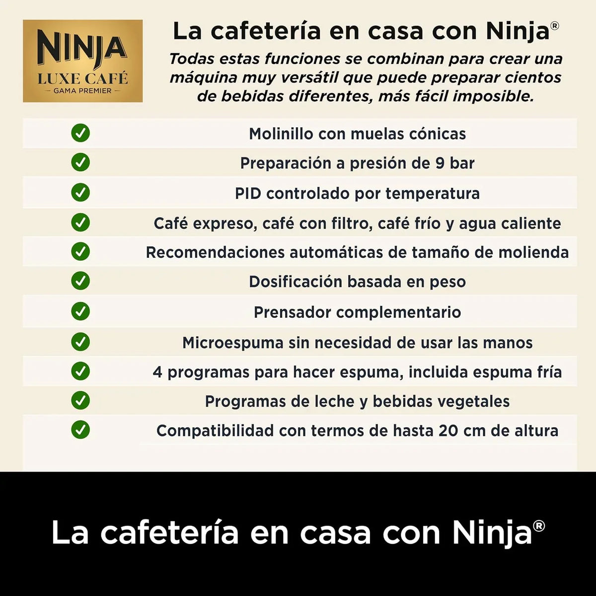 Ninja Luxe Premier Cafetera 3 en 1 para Espresso, Cold Brew y Café de Filtro con Molinillo y Espumador Integrados - 25 Ajustes de Molienda y 4 Preajustes de Espuma - Negro, ES601EUBK