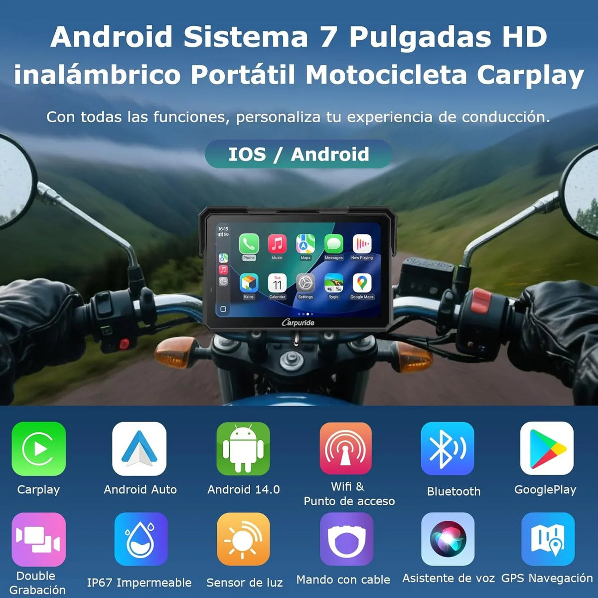 Carpuride W702 Plus Android 14 Motocicleta Carplay Pantalla con Doble Cámara, CarPlay y Android Auto Inalámbricos,7" Pantalla Táctil Impermeable, Audio BT,Grabación Bucle, Navegación Online y Offline.