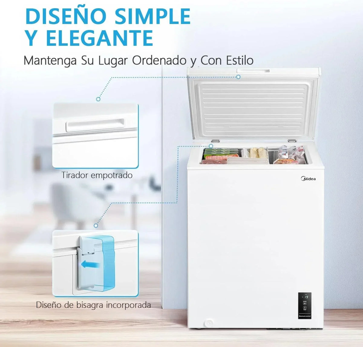 MIDEA Arcon Congelador Pequeño Horizontal de 99L, Motor Inverter, Control Electrónico de Temperatura, Tecnologia D-TYPE Tube, Cestas con Asa, Easy Move, Silencioso 39dBA, Bajo Consumo, Blanco