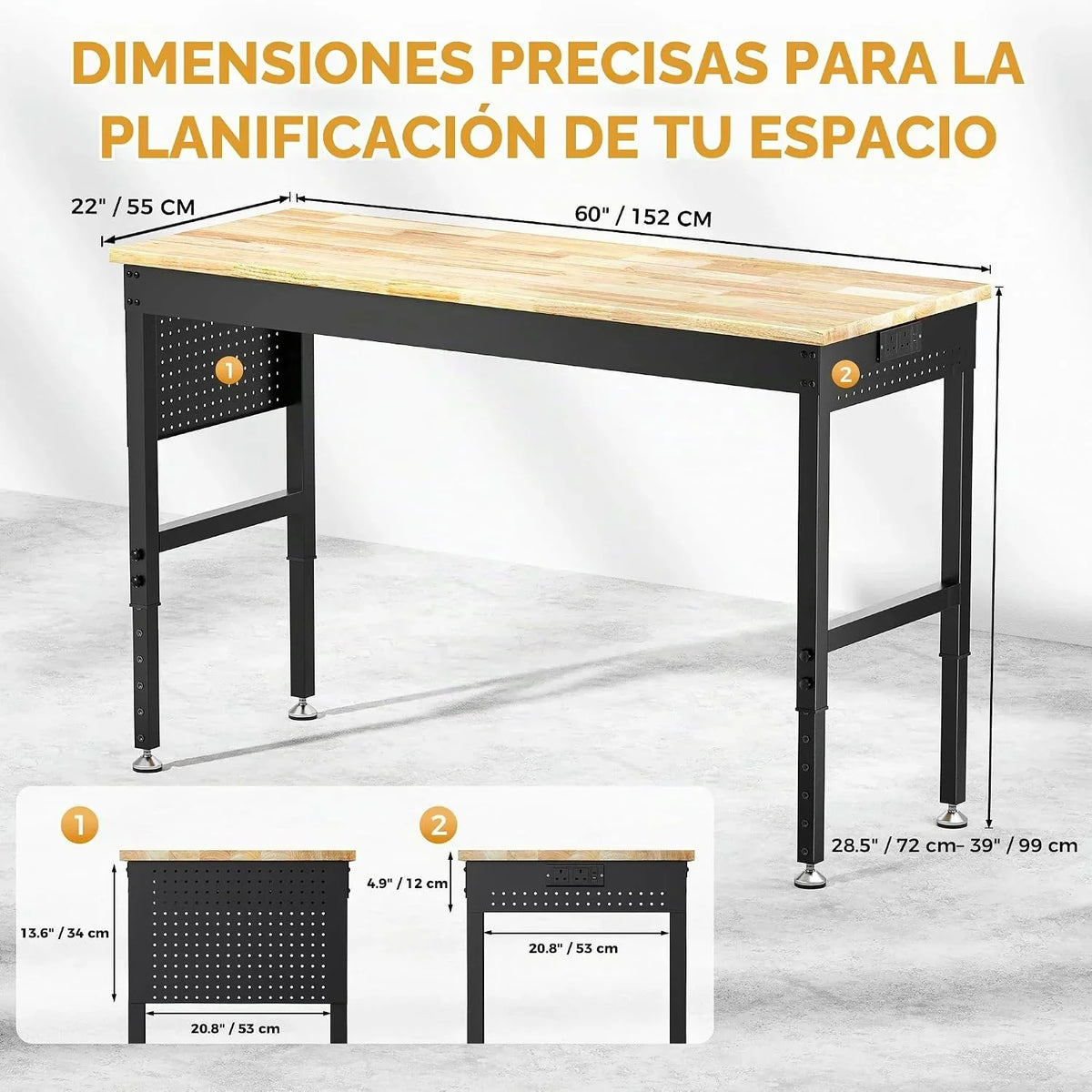 Banco de Trabajo Robusto 152 x 55 cm, Mesa de Trabajo Regulable