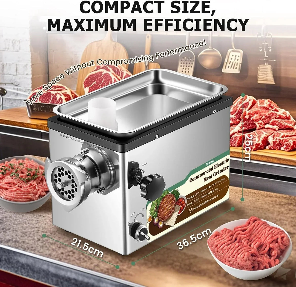 Huanyu Picadora Electrica Picadora de Carne Eléctrica Comercial 1100W Multifunción Picadora Electrica de Alimentos Con Embutidora de Chorizos Trituradora de Carne con 2 Cuchillas y 4 Placas de Corte