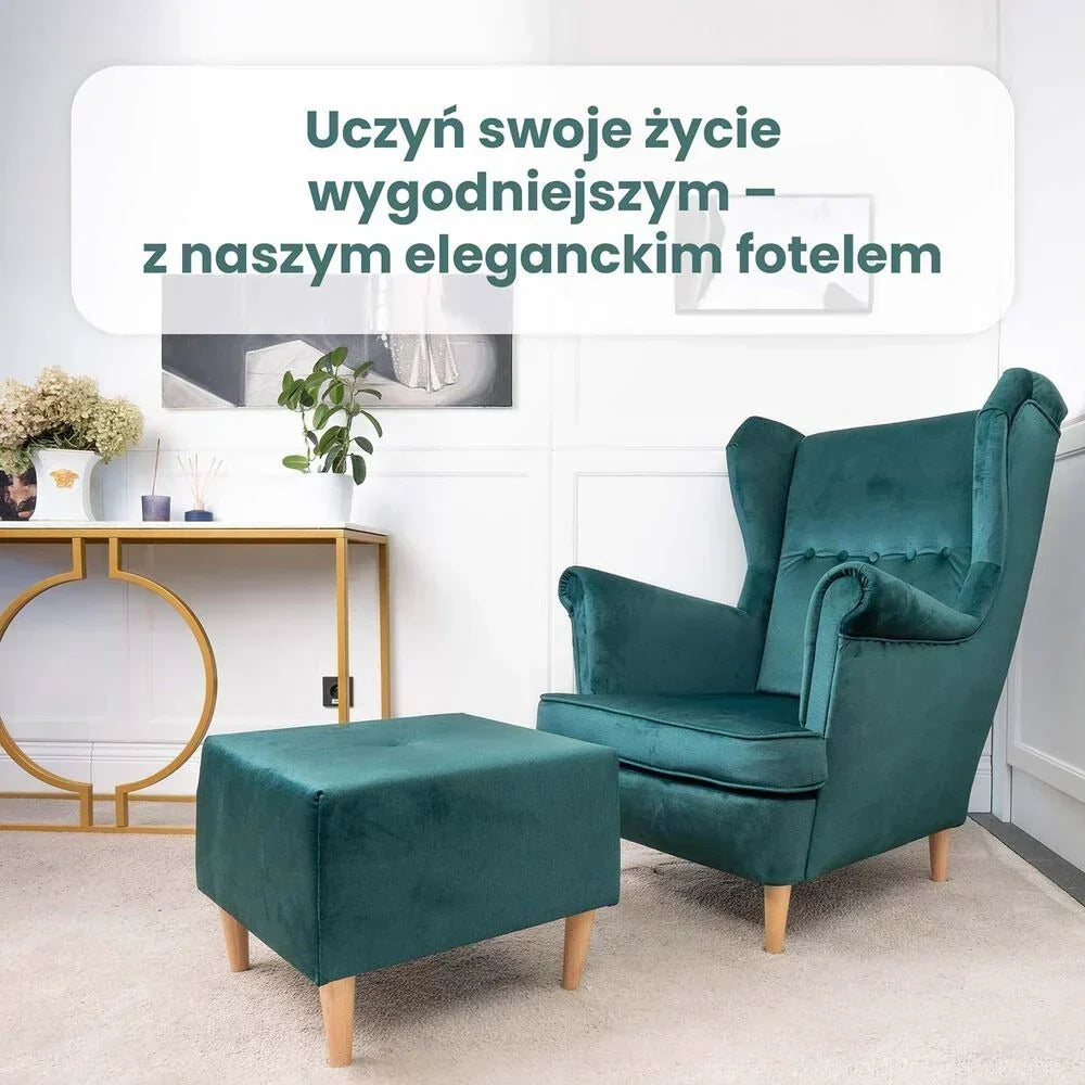 Fotel uszak z podnóżkiem Jane, zielony