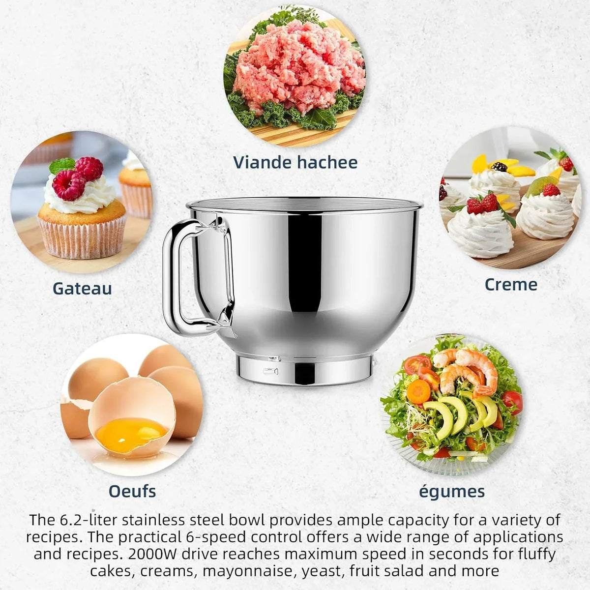 CHeflee Batidora Amasadora Profesional,2000W Amasadora Pan Repostería,6.2 L Bajo Ruido Robot de Cocina Multifunción,Gancho para Masa,Batidor Plano,Protección para Salpicaduras 6 Velocidades Batidora