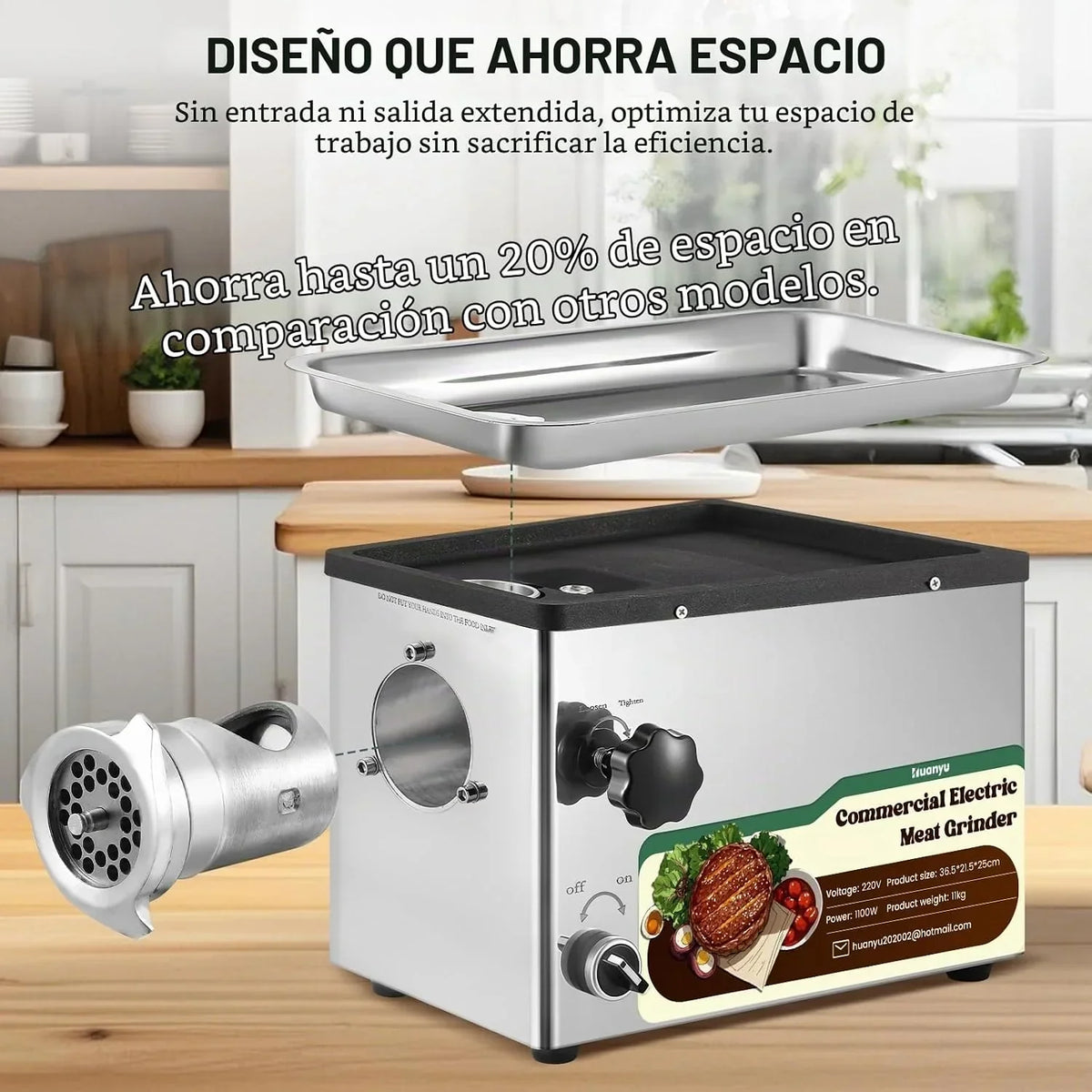 Huanyu Picadora Electrica Picadora de Carne Eléctrica Comercial 1100W Multifunción Picadora Electrica de Alimentos Con Embutidora de Chorizos Trituradora de Carne con 2 Cuchillas y 4 Placas de Corte