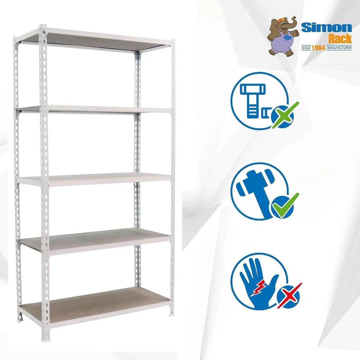 SimonRack Estanteria Metalica, 5 Baldas Madera Ajustables, 200 kg de Punto Flexión, 2000x1200x500 mm, Estantería Almacenaje, Sin tornillos, Blanco/Madera - Maderclick