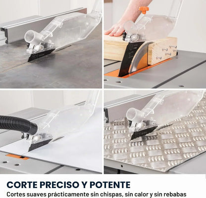 Evolution Power Tools R255MTS Sierra de mesa, multi-material y multiuso, portátil, corta madera, metal, plástico y más, sierra de banco, incluida hoja TCT de 255 mm