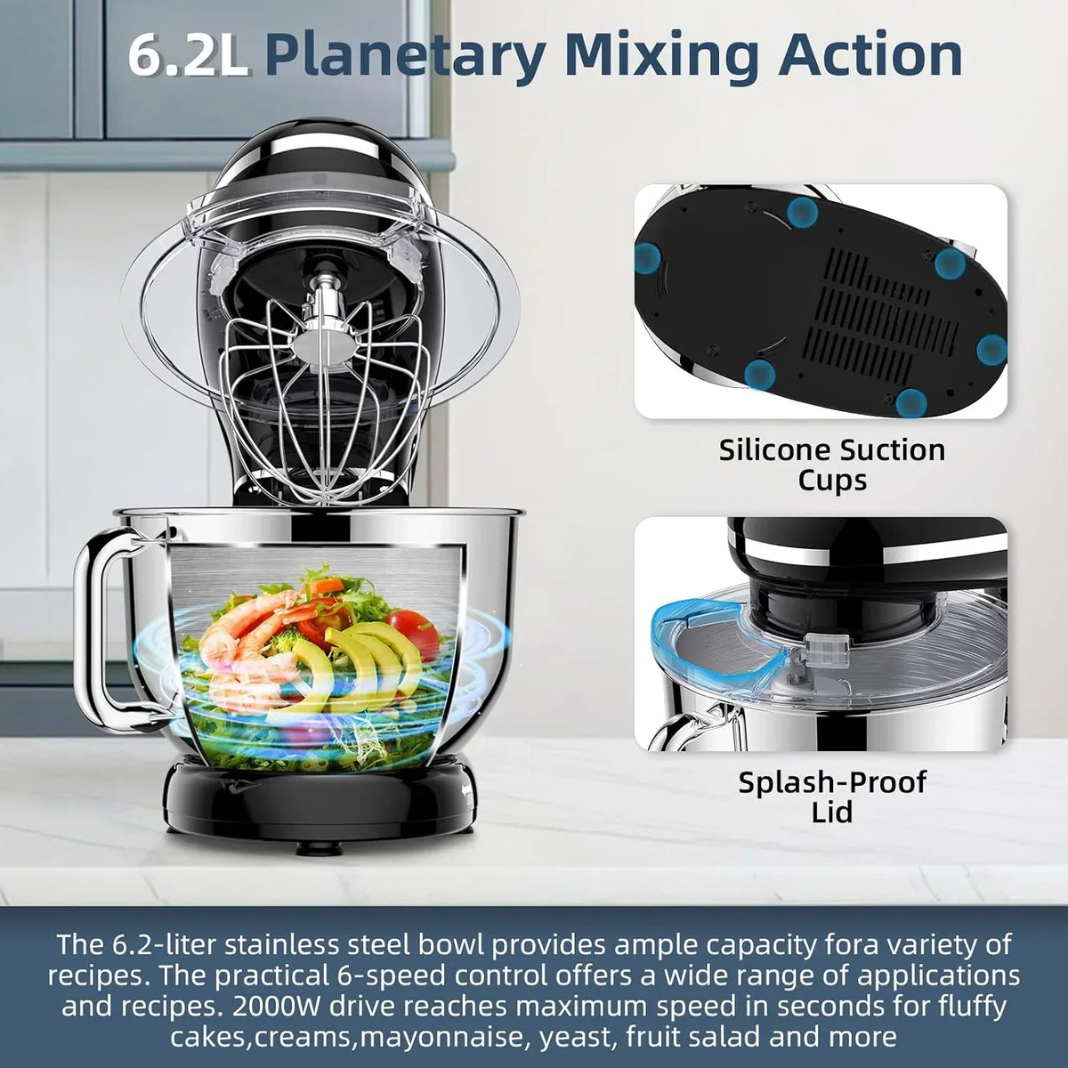 CHeflee Batidora Amasadora Profesional,2000W Amasadora Pan Repostería,6.2 L Bajo Ruido Robot de Cocina Multifunción,Gancho para Masa,Batidor Plano,Protección para Salpicaduras 6 Velocidades Batidora
